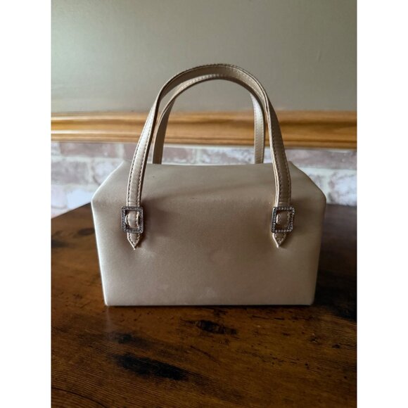 Vintage Franchi Gold Satin Box Handbag With Rhinestone Buckles & Double Handles - Picture 3 of 8